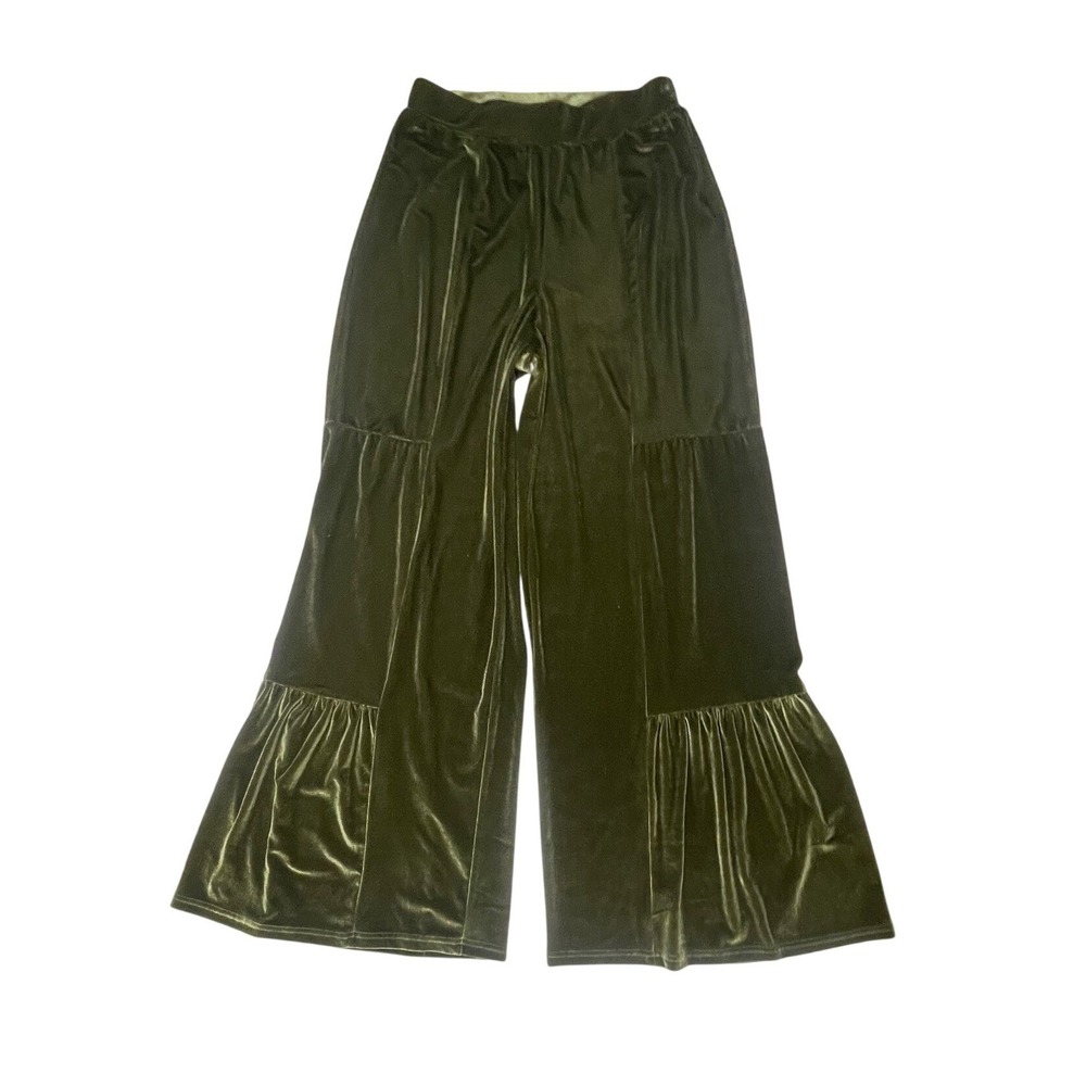 Luukse Olive Green Shimmer Pleated Velvet Wide Leg Pants Women's Small